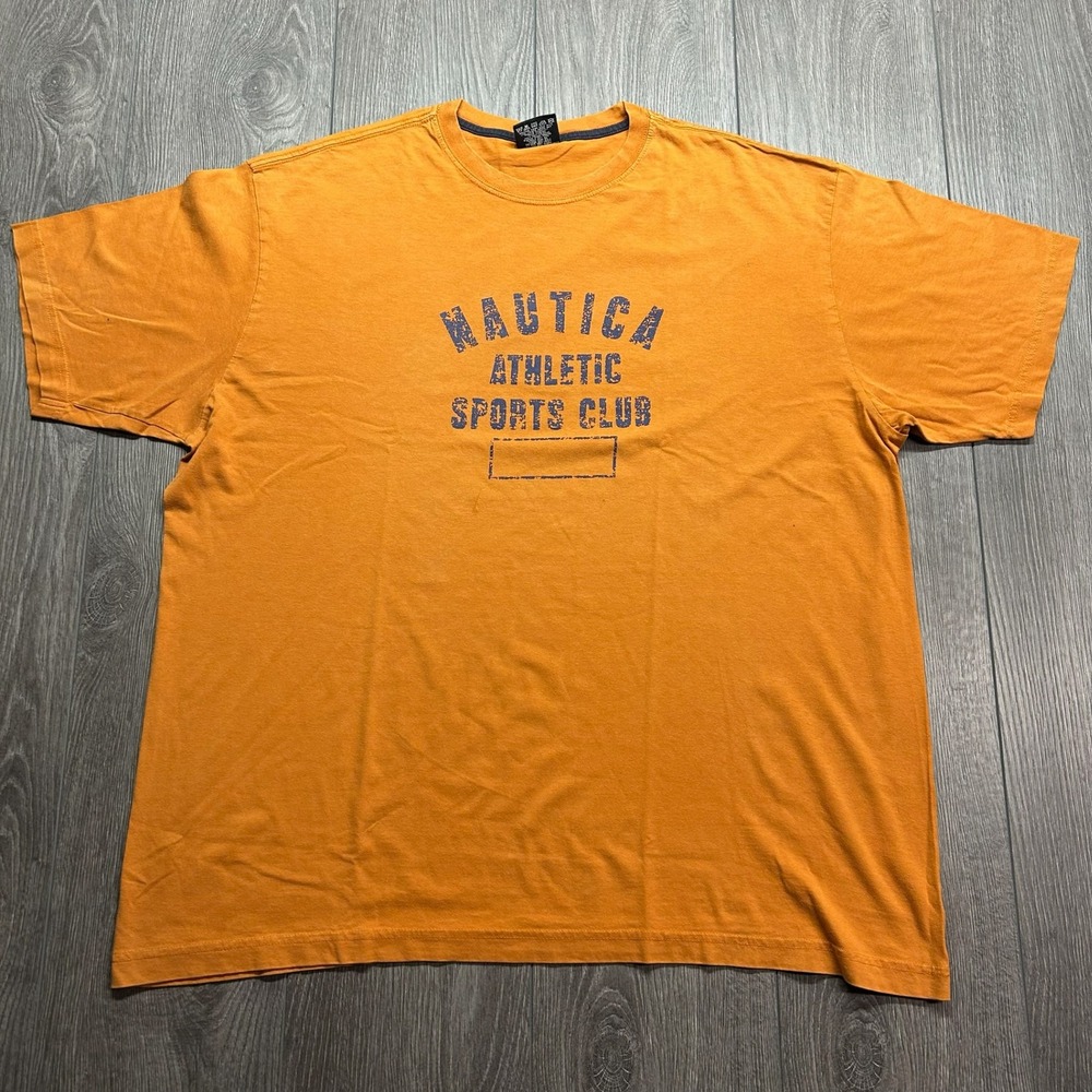 Nautica Athletic Sports Club Orange Graphic T-Shirt Mens Large Y2K Cotton Tee